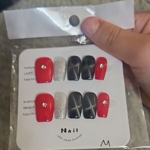 Red and Black Nail Set with Silver Accents